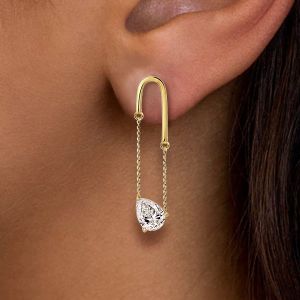 Golden Solitaire Pear Cut White Sapphire Drop Earrings For Women 