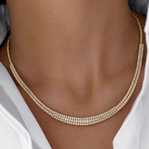 Triple Row Gold Round & Baguette Cut White Sapphire Statement Necklace Choker Necklace For Women