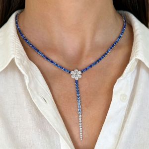 Ombre Round Cut Blue Sapphire Flower Cluster Gradient Lariat Drop Necklace Tennis Y Necklace For Women