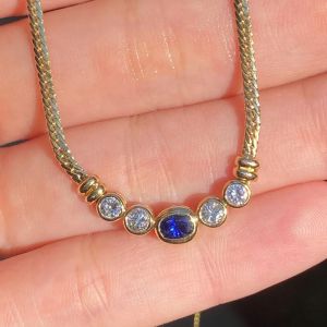 Golden Bezel Cuban Chain Cushion Cut Blue Sapphire Pendant Necklace For Women 