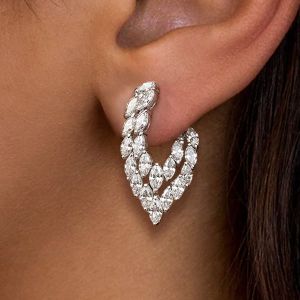 Cluster Leaf Double Row Marquise Cut White Sapphire Hoop Earrings For Women 