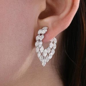 Cluster Leaf Double Row Marquise Cut White Sapphire Hoop Earrings For Women 