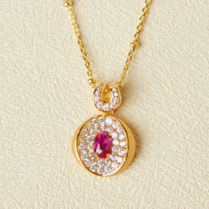 Halo Golden Brushed Oval Cut Ruby Sapphire Pendant Necklace For Women