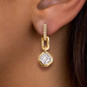Golden Bezel Asscher Cut White Sapphire Drop Earrings For Women