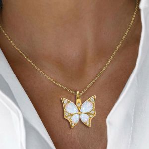 Golden Butterfly Pear Cut Opal Pendant Necklace For Women  