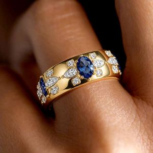 Wide Gold Oval Cut Blue Sapphire Multi‑Stone Statement Ring Floral Band Ring Cocktail Ring For Women