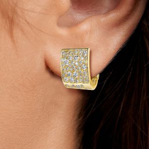 Gold Round Cut White Sapphire Square Pave Setting Earrings Hoop Earrings For Women
