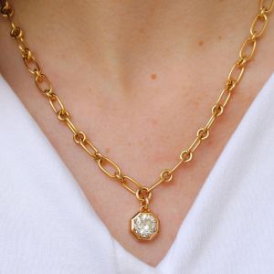 Gold Round Cut White Sapphire Paperclip Chain Necklace Octagon Chunky Link Pendant Necklace For Women