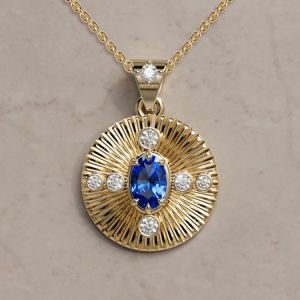 Gold Sunburst Oval Cut Blue Sapphire Retro Disc Charm Pendant Necklace For Women