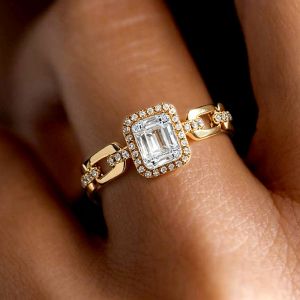 Halo Two Tone Emerald Cut White Sapphire Chain Link Ring Engagement Ring For Women