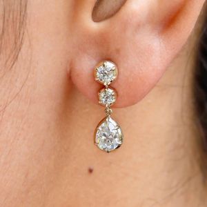 Classic Gold Three Stone Round & Pear Cut White Sapphire Dangle Earrings Drop Earrings For Women 