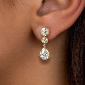 Classic Gold Three Stone Round & Pear Cut White Sapphire Dangle Earrings Drop Earrings For Women 