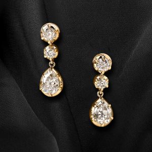 Classic Gold Three Stone Round & Pear Cut White Sapphire Dangle Earrings Drop Earrings For Women 