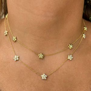 Double Row Halo Flower Golden Round Cut White Sapphire Layering Necklace Pendant Necklace For Women