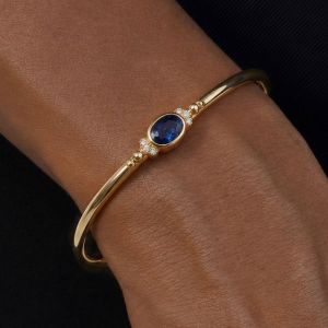 Bezel Set Gold Oval Cut Blue Sapphire Stackable Bracelet Bangle For Women