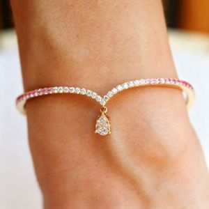 Gold Pear Cut White & Pink Sapphire Gradient V-Shape Bracelet Bangle For Women Bridal Jewelry