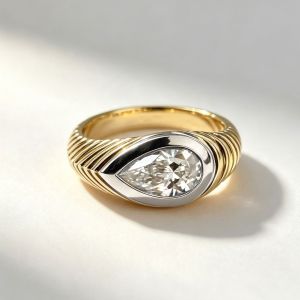 Two Tone Bezel Set Pear Cut White Sapphire Statement Ring Textured Band Cocktail Engagement Ring For Women
