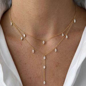 Elegant Eternity Gold Marquise Cut White Sapphire Double Layer Lariat Necklace Drop Y‑Necklace For Women Statement Jewelry 