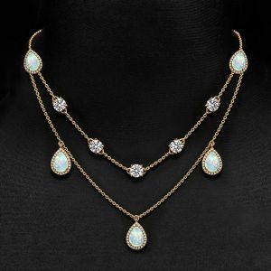 Gold Double Layer Halo Pear Cut Opal Necklace Layered Chain Necklace For Women