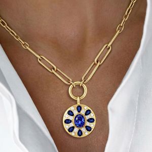 Gold Paperclip Chain Oval Cut Blue Sapphire Sunburst Coin Pendant Necklace For Women