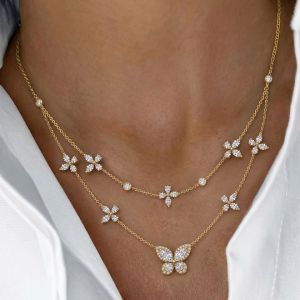 Gold Butterfly Marquise Cut White Sapphire Double Chain Layered Necklace Pendant Necklace For Women