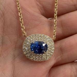 Triple Halo Gold Cushion Cut Blue Sapphire Pave Setting Cluster Necklace Pendant Necklace For Women