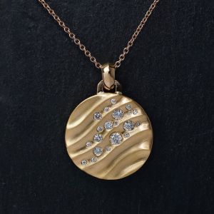 Gold Wavy Textured Round Cut White Sapphire Coin Necklace Pendant Necklace For Women