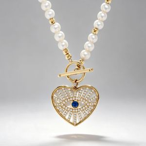 Gold Round Cut Pearl & Blue Sapphire Evil Eye Heart Necklace Layering Necklace For Women Boho Toggle Clasp Necklace 