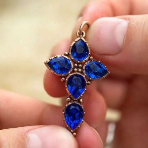 Vintage Rose Gold Bezel Pear Cut Blue Sapphire Cross Chain Cross Pendant Necklace For Women