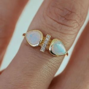 Gold Dual Pear Cut White Sapphire Opal Ring Stackable Ring Cocktail Ring Engagement Ring For Women 