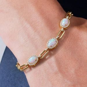 Halo Gold Oval Cut Opal Paperclip Link Bracelet For Women