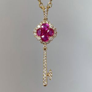 Gold Oval Cut Ruby Sapphire Four‑Leaf Clover Key Pendant Necklace For Women