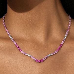 Round Cut Pink Sapphire V-Curve Choker Tennis Necklace For Women