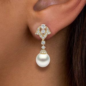 Luxury Hollow Leaf Gold Round Cut Pearl Crown Dangle Earrings Drop Earrings For Women Wedding Bridal