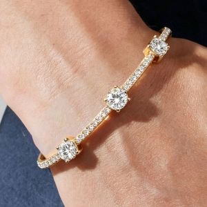 Gold Three‑Stone Pave Setting Round Cut White Sapphire Bridal Statement Jewelry Bangle Bracelet For Women