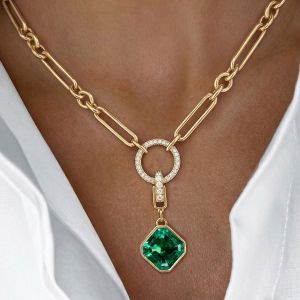 Gold Paperclip Chain Necklace Asscher Cut Emerald Sapphire Pendant Necklace For Women