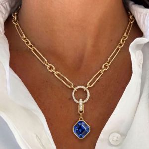 Gold Paperclip Chain Necklace Asscher Cut Blue Sapphire Pendant Necklace For Women 