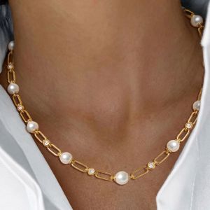 Gold Round Cut Pearl Paperclip Link Necklace Choker Necklace For Women