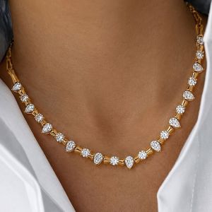 Gold Alternating Pear & Round Cut White Sapphire Link Necklace Geometric Tube Metal Choker Necklace For Women