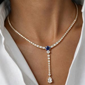 Gold Multi Cut Blue Sapphire Bridal Lariat Necklace Y‑Drop Tennis Necklace For Women