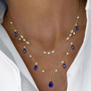 Double Row Golden Pear Cut Blue Sapphire Layered Necklace Pendant Necklace For Women