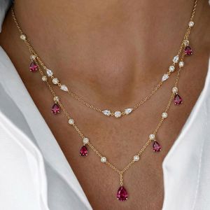 Double Row Golden Pear Cut Ruby Sapphire Layered Necklace Pendant Necklace For Women