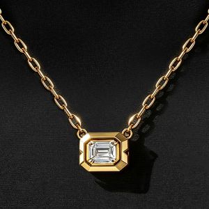 Gold Bezel Set Emerald Cut White Sapphire Paperclip Chain Pendant Necklace For Wome