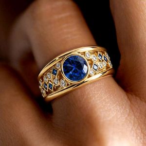 Hollow Design Gold Round Cut Blue Sapphire Band Ring Cocktail Ring Wedding Band For Women