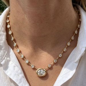 Gold Bezel Set Oval Cut White Sapphire Station Necklace Bubble Chain Tennis Necklace For Women