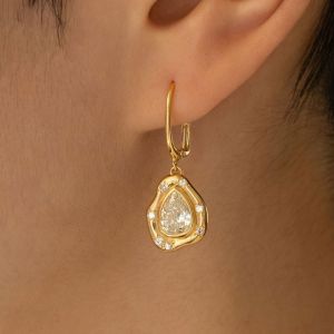 Gold Bezel Pear Cut White Sapphire Drop Earrings For Women