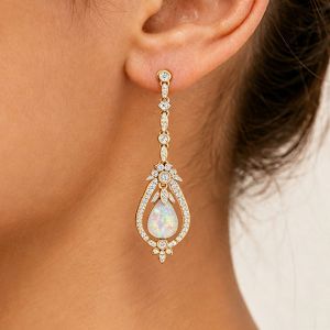 Gold Halo Pear Cut Opal Long Linear Bridal Drop Dangle Earrings For Women