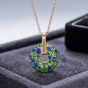 Gold Round Cut Emerald & Blue Sapphire Circle Stackable Necklace Pendant Necklace For Women