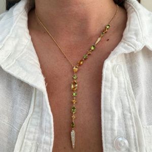 Gold Multi-Cut Peridot & Champagne Sapphire Pave Spike Y Pendant Necklace for Women