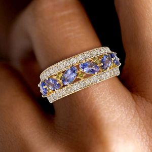 Two Tone Triple Row Oval Cut Tanzanite Half Eternity Cocktail Ring Wedding Band For Women